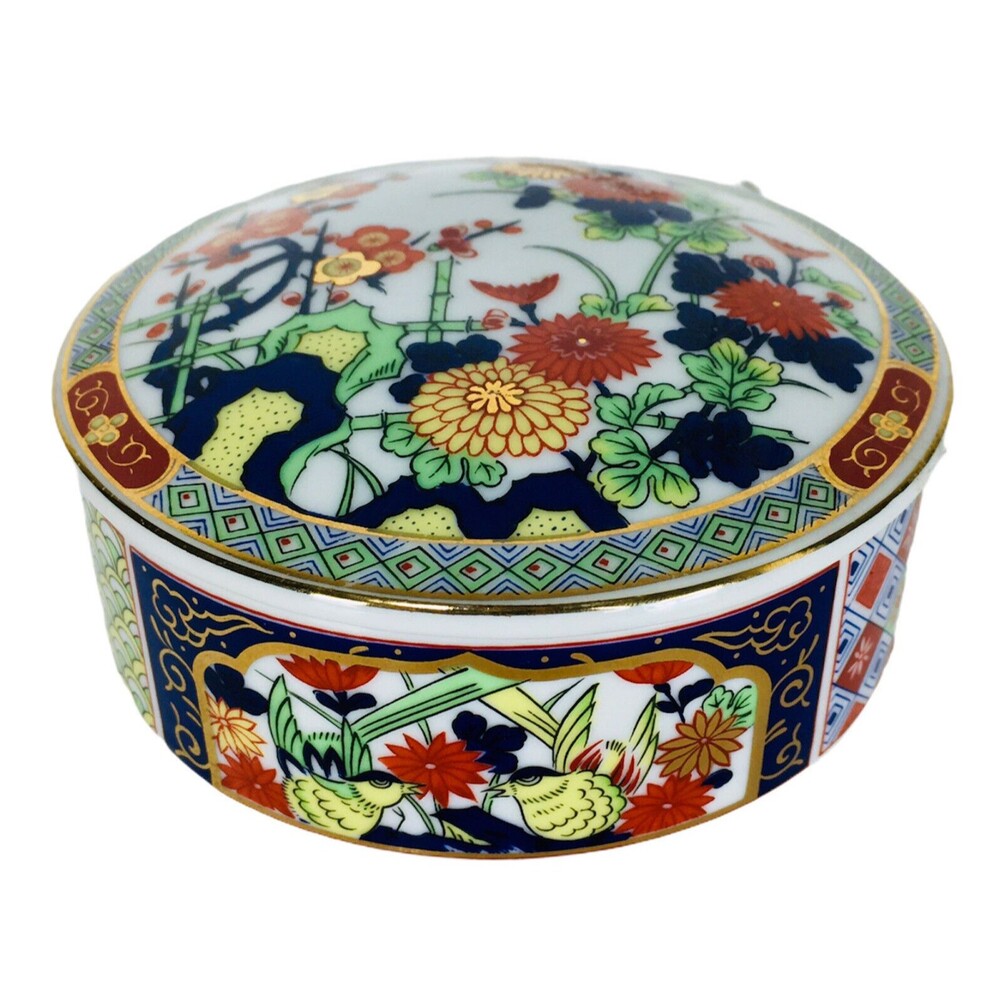 VTG Sakura Miyako Imari Ware Porcelain Floral Birds Lidded Trinket Dish Japan